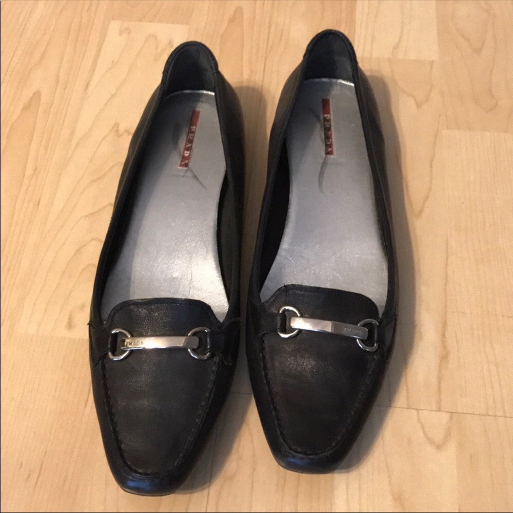 Prada Black Leather Flats Loafers Shoes Size 11